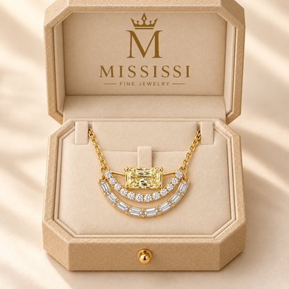 Radiant Split Arc Yellow Lab-Grown Diamond Necklace in yellow-gold tone, presentation-box styling
