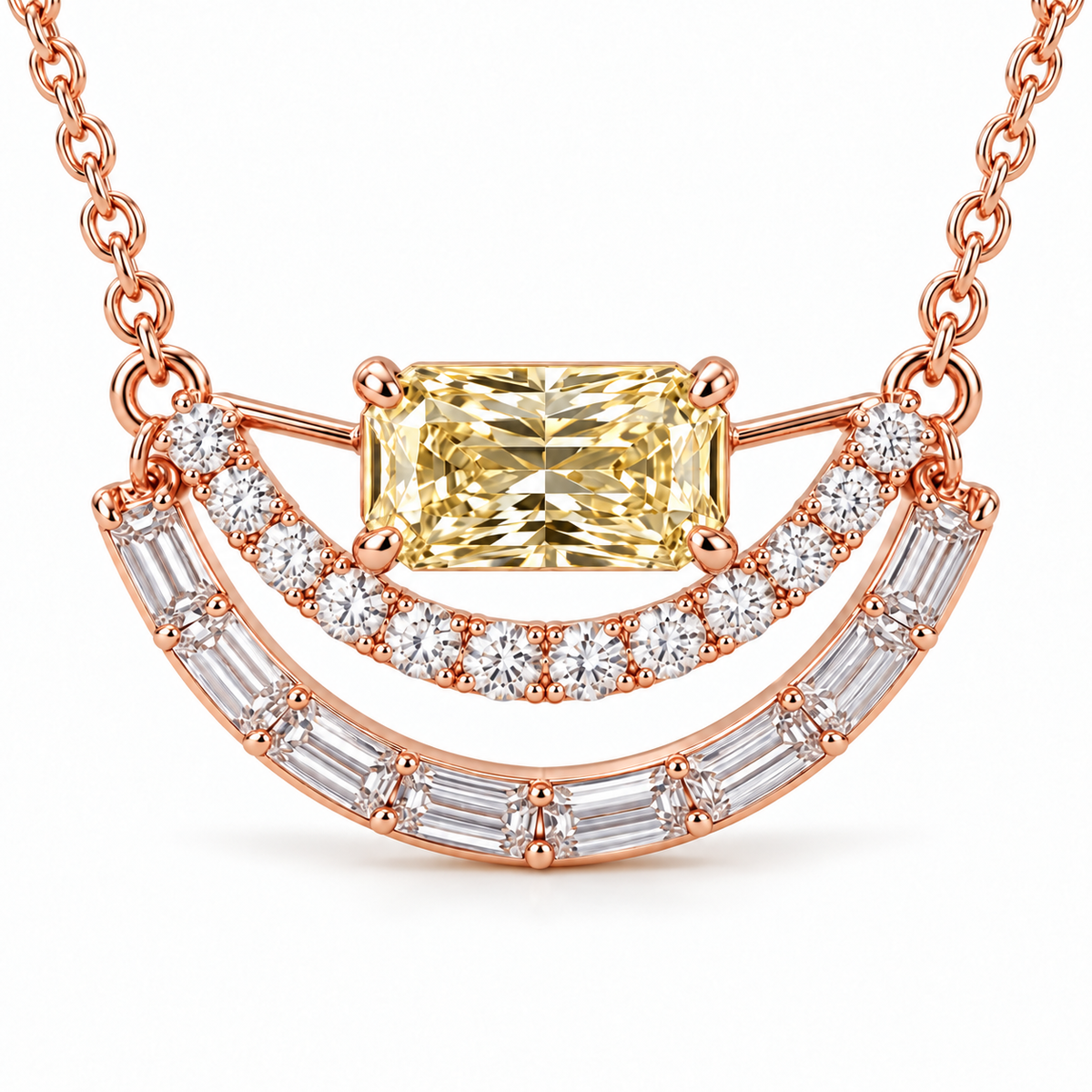 Radiant Split Arc Yellow Lab-Grown Diamond Necklace in pale rose-gold tone, front product view