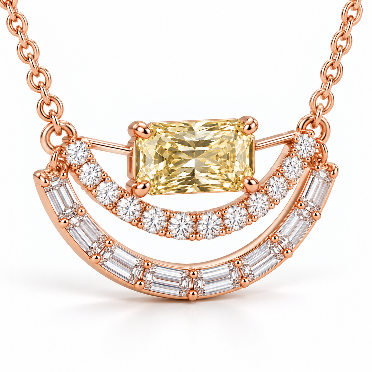Radiant Split Arc Yellow Lab-Grown Diamond Necklace in pale rose-gold tone, three-quarter product view