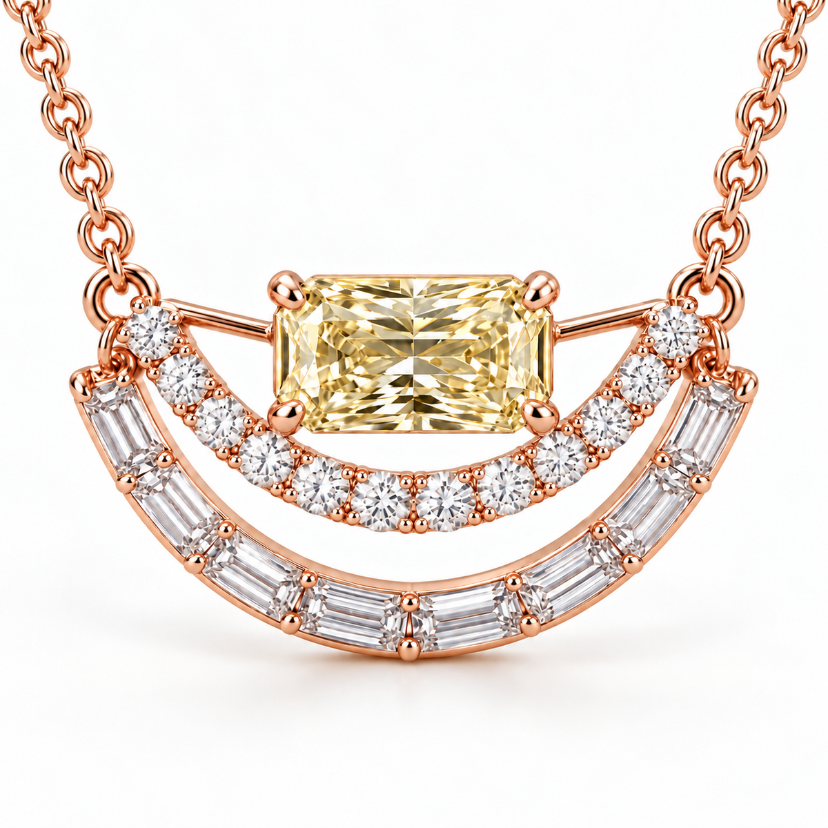 Radiant Split Arc Yellow Lab-Grown Diamond Necklace in pale rose-gold tone, diamond-setting detail