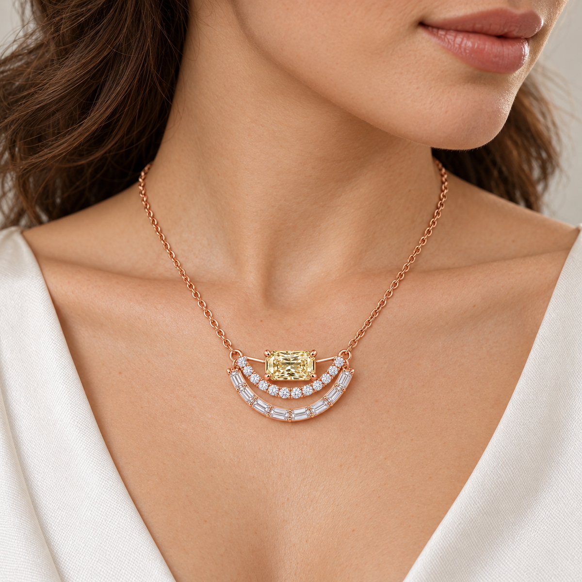 Radiant Split Arc Yellow Lab-Grown Diamond Necklace in pale rose-gold tone, worn styling visualization