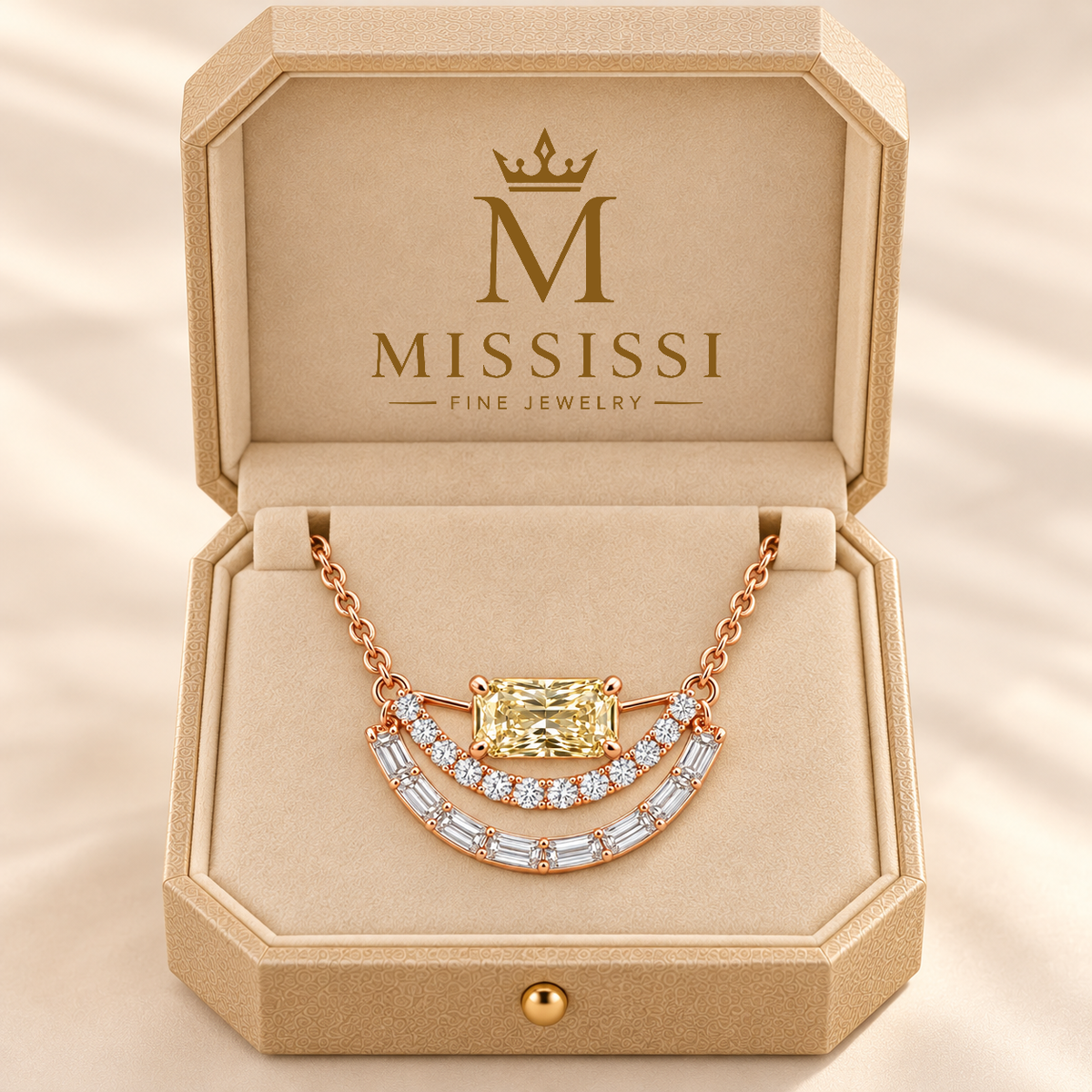 Radiant Split Arc Yellow Lab-Grown Diamond Necklace in pale rose-gold tone, presentation-box styling