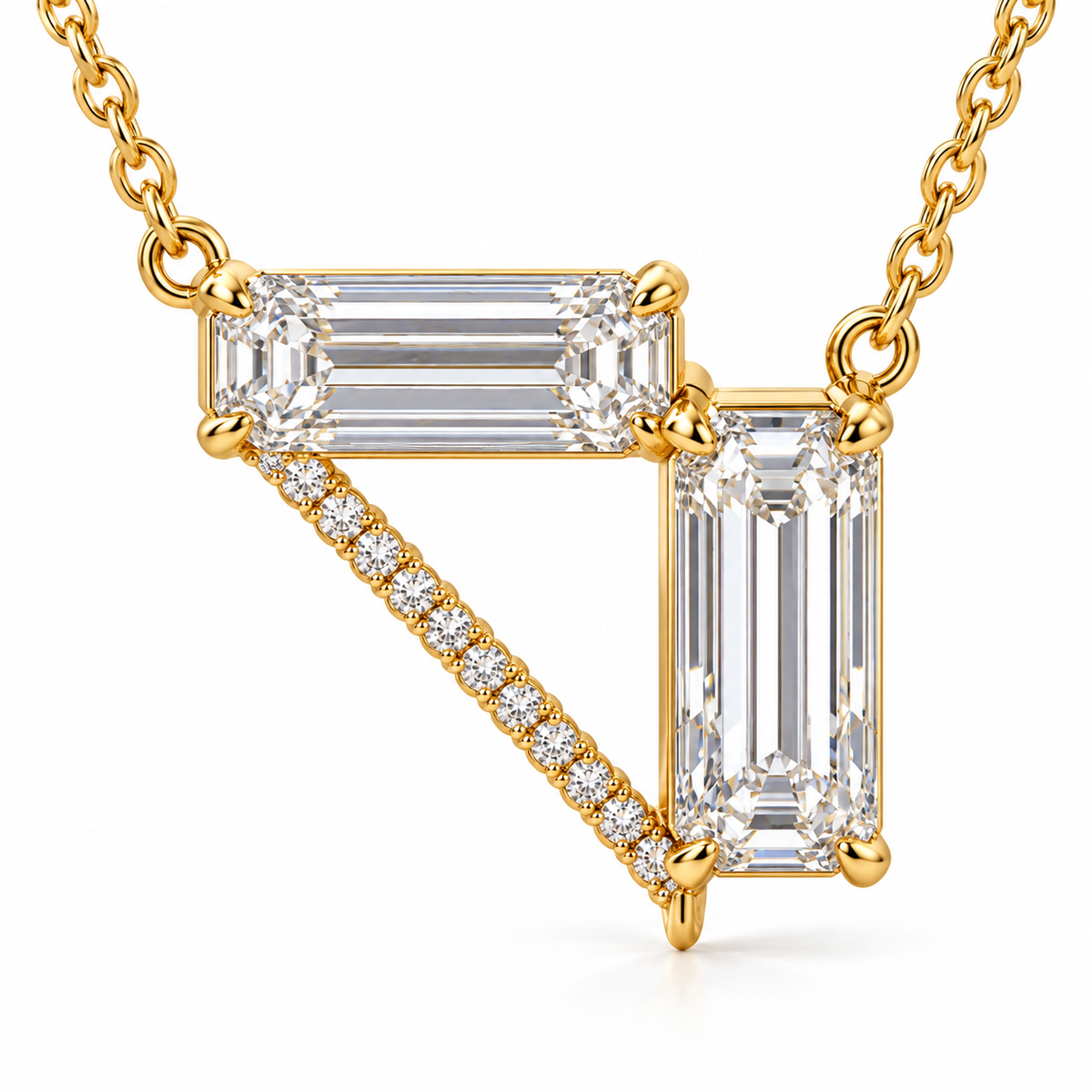 MISSISSI Z08 yellow gold-tone necklace, hero view showing a horizontal emerald-cut diamond, a vertical emerald-cut drop and a diagonal line of round diamonds forming an open triangle; design visualization