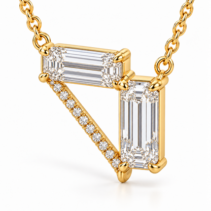 MISSISSI Z08 yellow gold-tone necklace, three quarter view showing a horizontal emerald-cut diamond, a vertical emerald-cut drop and a diagonal line of round diamonds forming an open triangle; design visualization