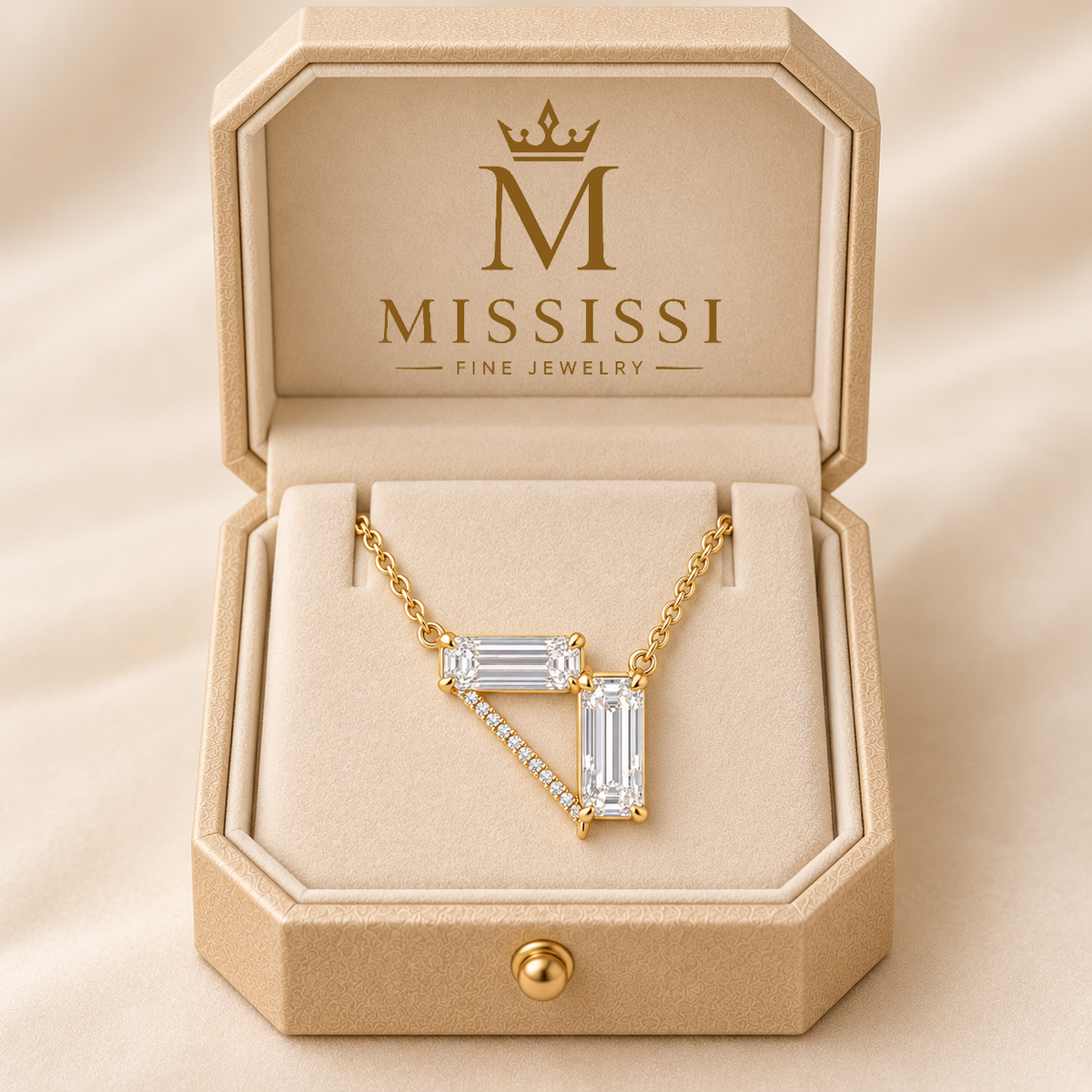 MISSISSI Z08 yellow gold-tone necklace in an open ivory, gold-trimmed fitted box with the official crown-M and MISSISSI Fine Jewelry logo; design visualization