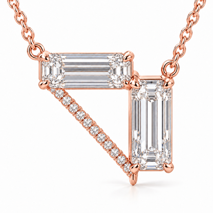MISSISSI Z08 pale rose gold-tone necklace, hero view showing a horizontal emerald-cut diamond, a vertical emerald-cut drop and a diagonal line of round diamonds forming an open triangle; design visualization