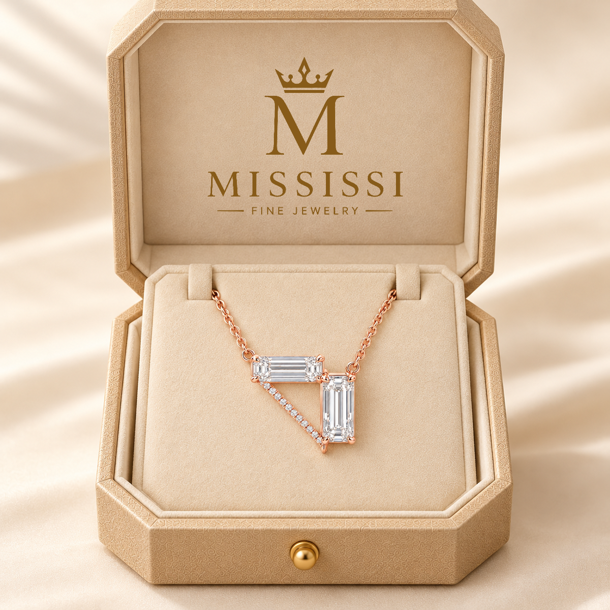 MISSISSI Z08 pale rose gold-tone necklace in an open ivory, gold-trimmed fitted box with the official crown-M and MISSISSI Fine Jewelry logo; design visualization