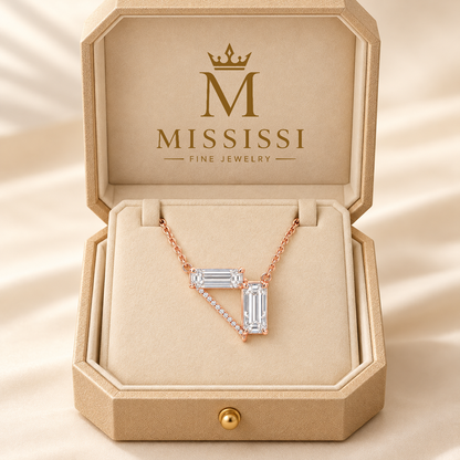 MISSISSI Z08 pale rose gold-tone necklace in an open ivory, gold-trimmed fitted box with the official crown-M and MISSISSI Fine Jewelry logo; design visualization