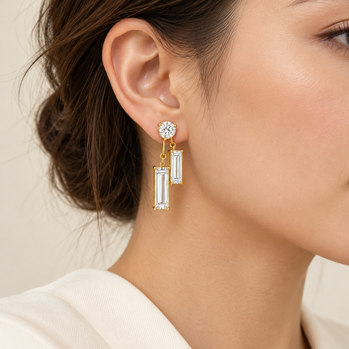 MISSISSI Diamond Parallel Lab-Grown Diamond Drop Earrings in yellow gold, natural-looking adult wearer view