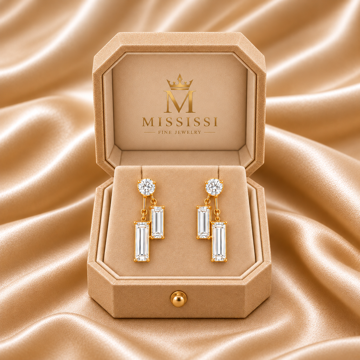 MISSISSI Diamond Parallel lab-grown diamond drop earrings in yellow gold, presented as a pair in champagne octagonal packaging with crown M branding; design visualization.