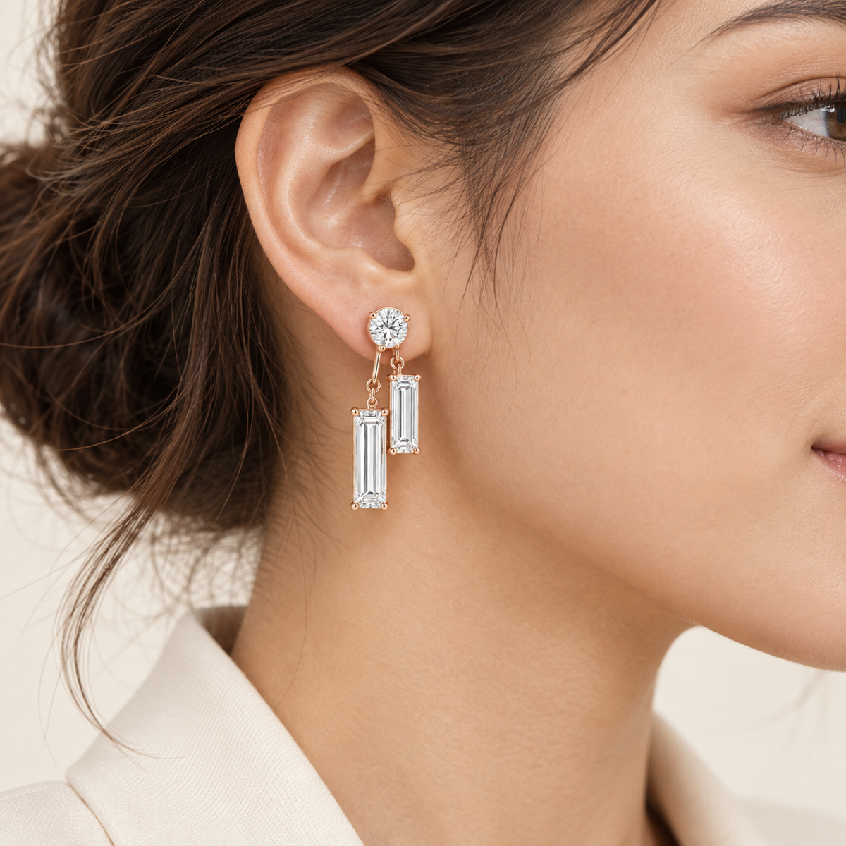 MISSISSI Diamond Parallel Lab-Grown Diamond Drop Earrings in rose gold, natural-looking adult wearer view
