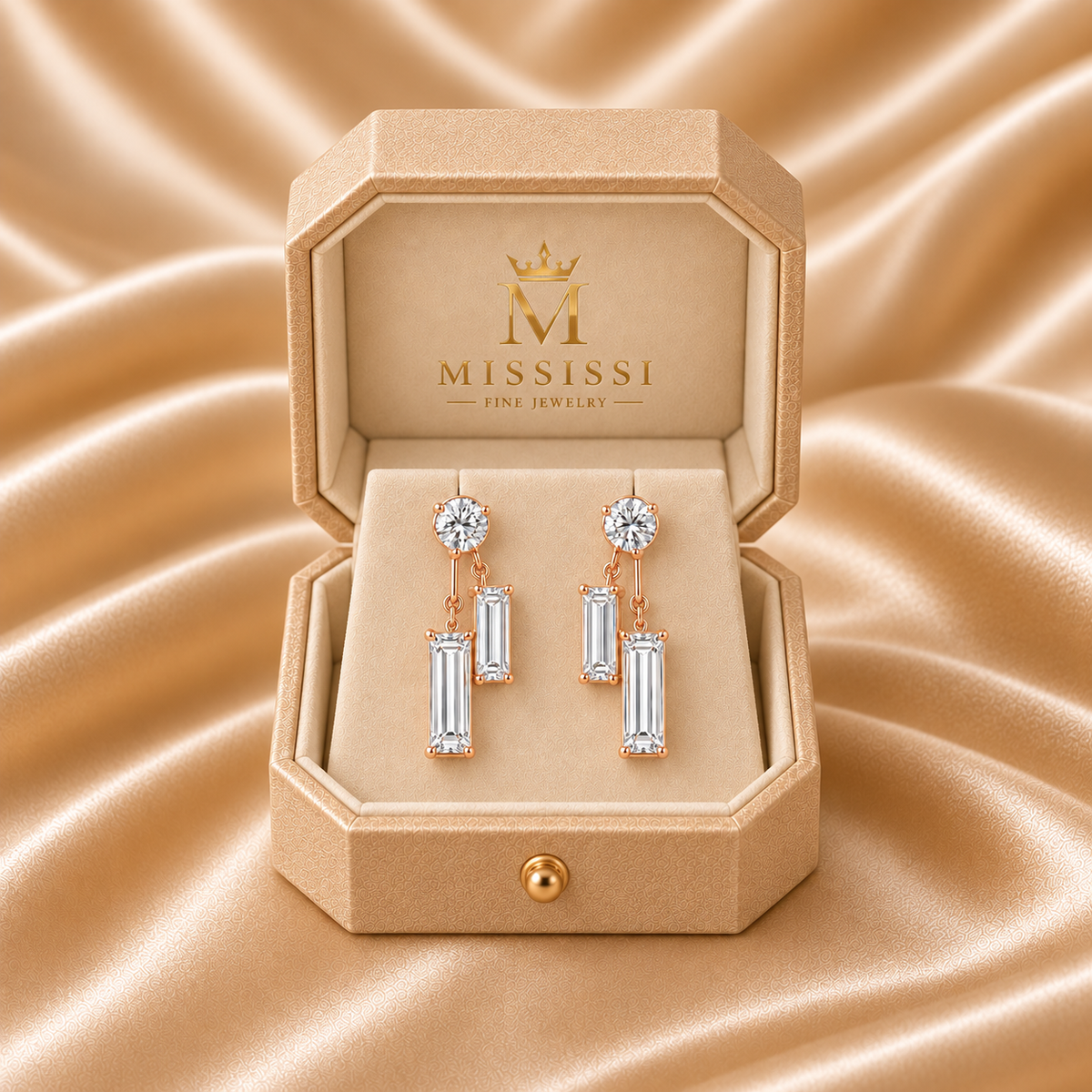MISSISSI Diamond Parallel lab-grown diamond drop earrings in rose gold, presented as a pair in champagne octagonal packaging with crown M branding; design visualization.