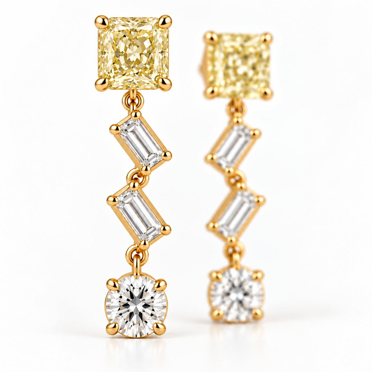 MISSISSI Yellow Diamond Chevron Lab-Grown Diamond Drop Earrings in yellow gold, close-up showing the front setting