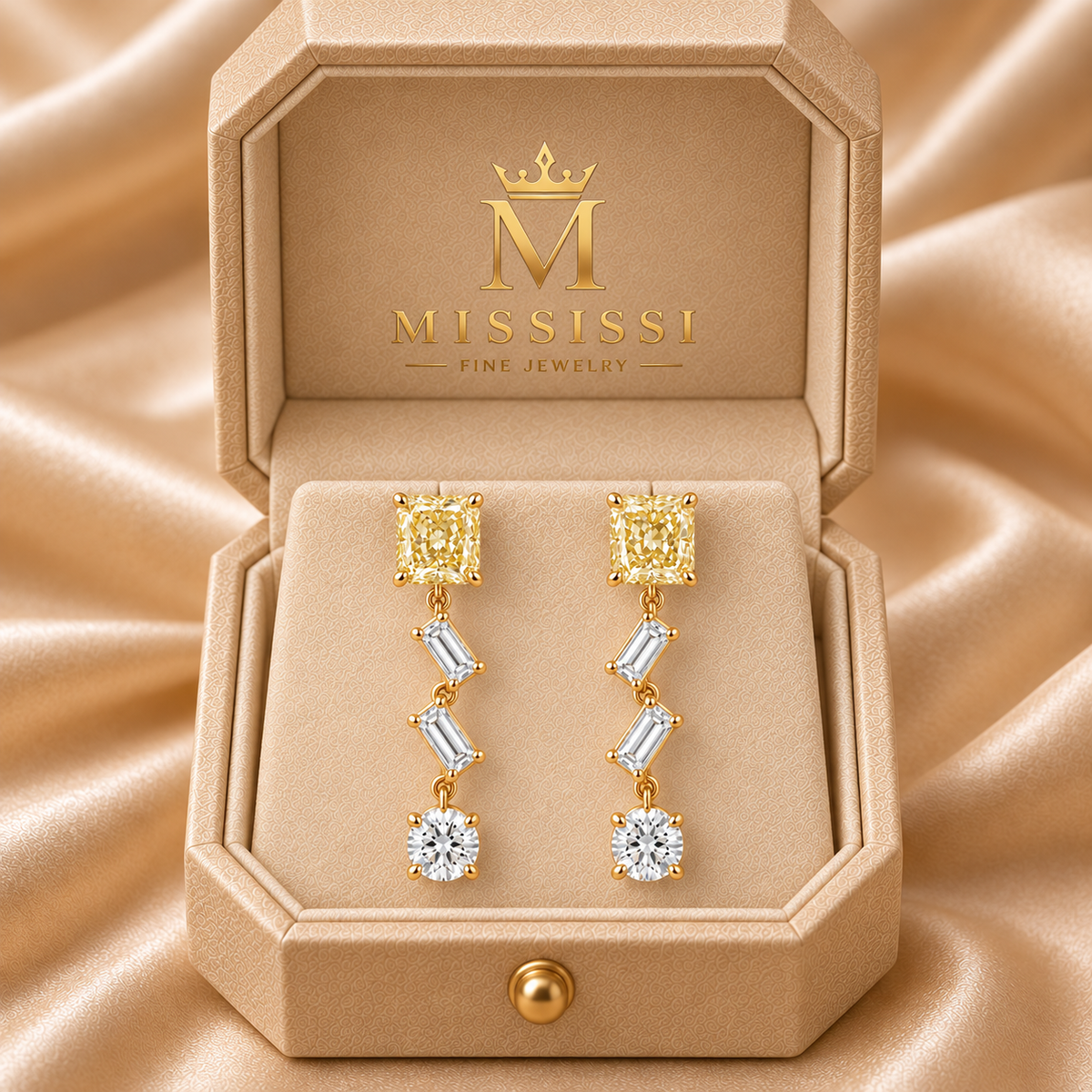 Z16 Yellow Diamond Chevron lab-grown diamond earrings in yellow gold, inside the official champagne MISSISSI box, design visualization