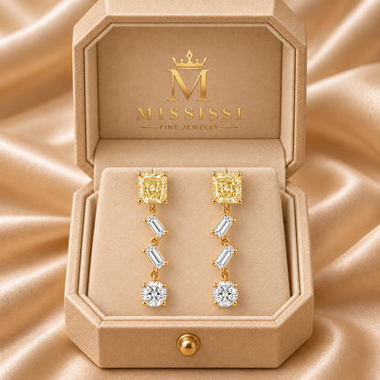 Z16 Yellow Diamond Chevron lab-grown diamond earrings in yellow gold, inside the official champagne MISSISSI box, design visualization