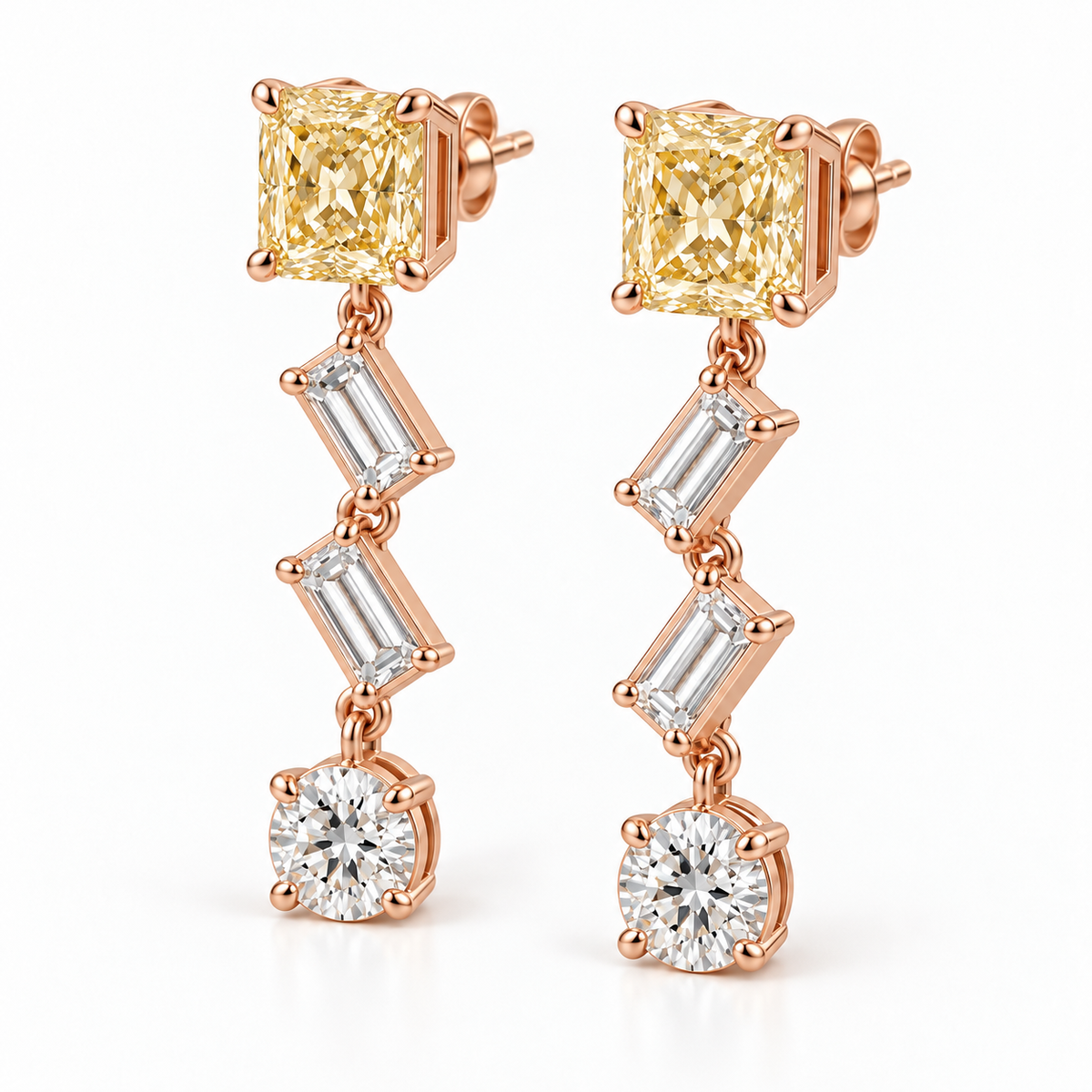 MISSISSI Yellow Diamond Chevron Lab-Grown Diamond Drop Earrings in rose gold, three-quarter pair