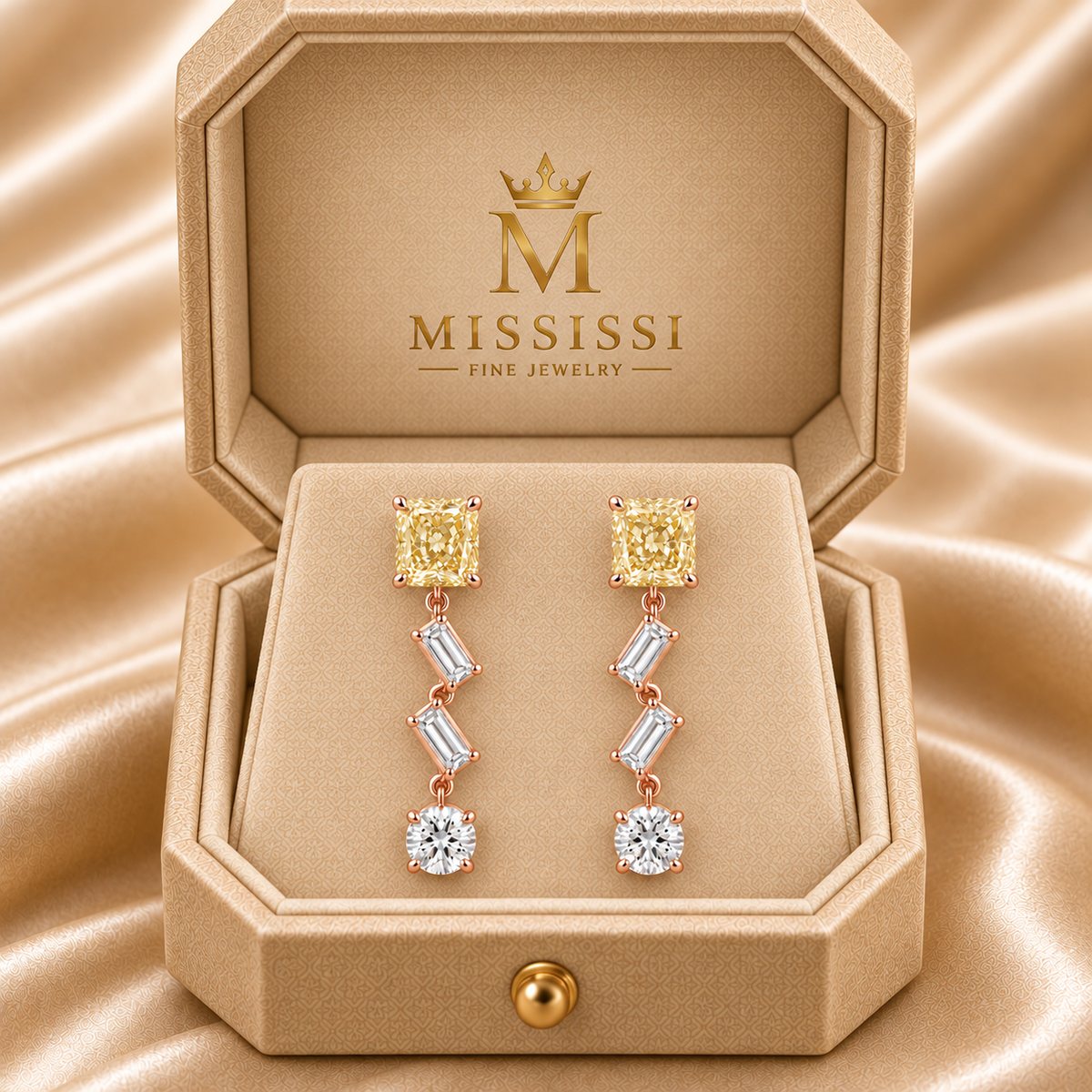 Z16 Yellow Diamond Chevron lab-grown diamond earrings in rose gold, inside the official champagne MISSISSI box, design visualization